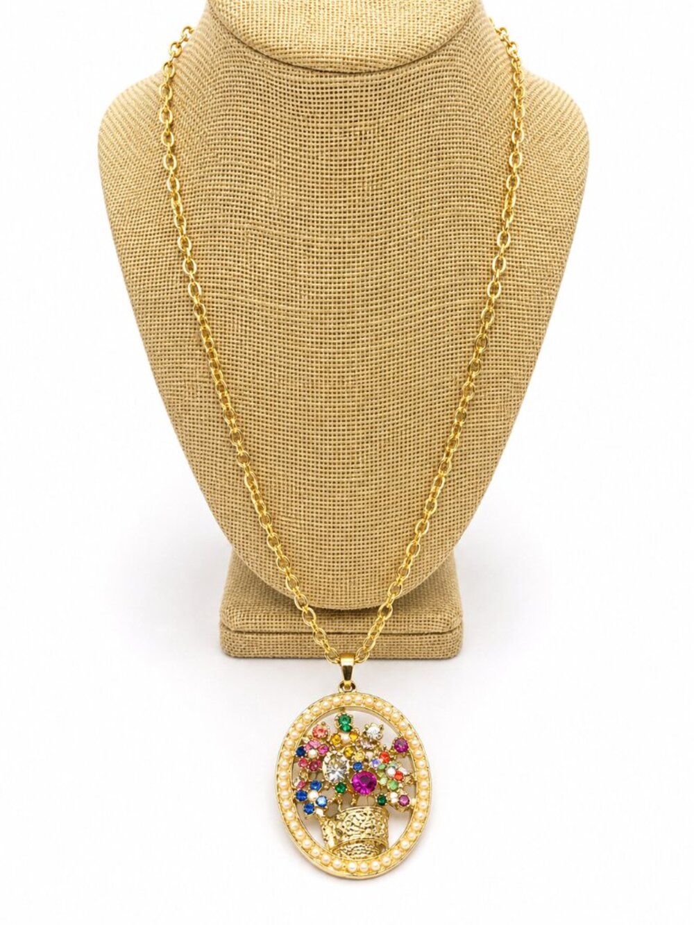 VINTAGE AVON CHAIN Necklace Gold Tone 28" Rhinestone Flower Basket Pearl Pendant